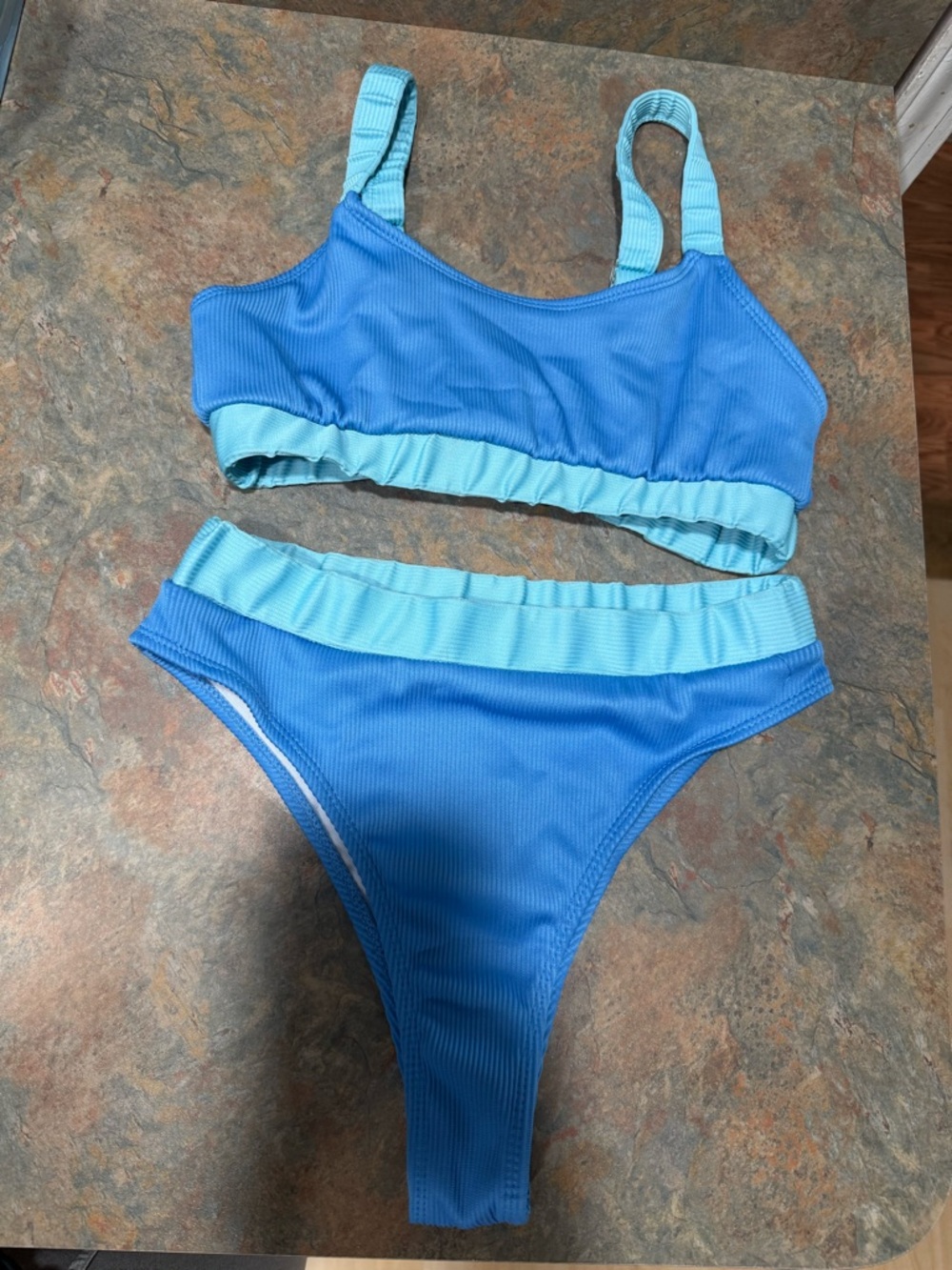 SHEIN Blue Two-Tone Ribbed Bikini Set